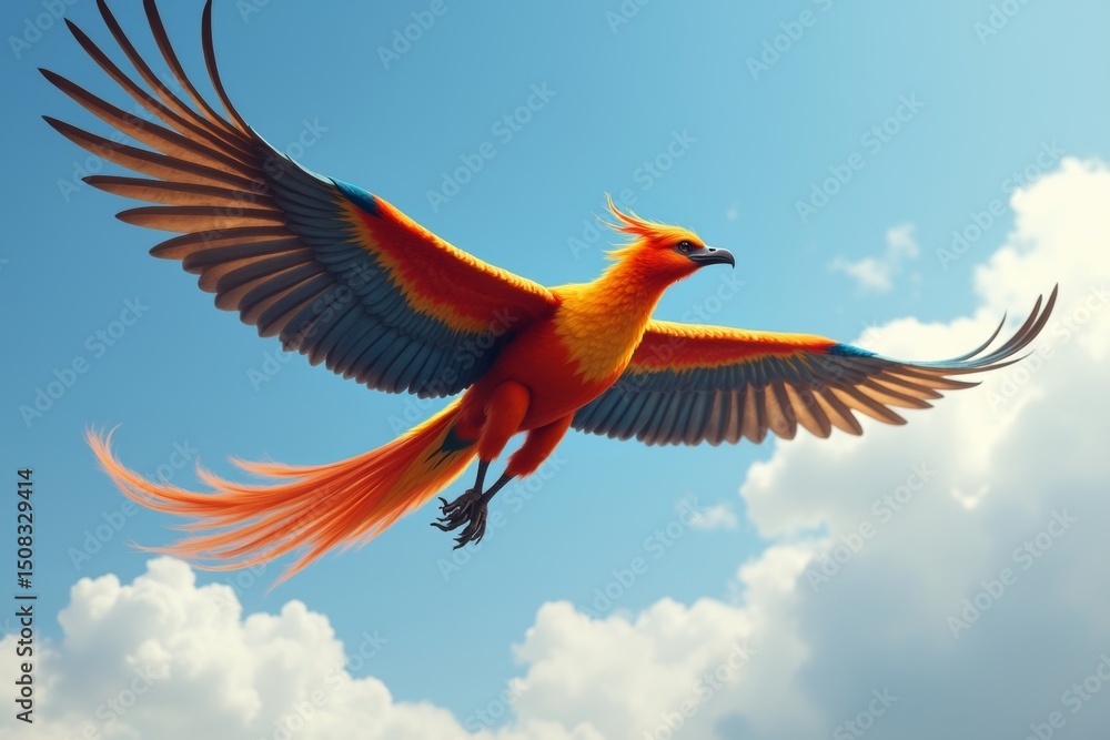 Fototapeta premium gorgerous red phoenix bird flying in sky, myphological creature