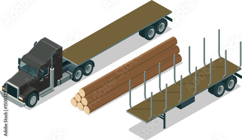 Isometric logging truck trailer empty flatbed