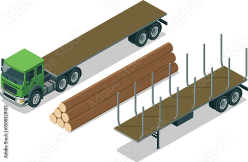 Isometric logging truck empty flatbed