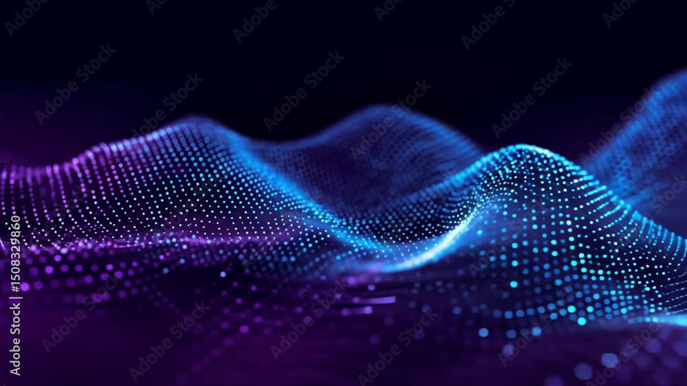 Abstract blue dot wave on a dark purple digital mesh, flowing like a smooth tech flow path in a futuristic network grid background Abstract blue dot wave on a dark purple digital mesh, flowing like a smooth tech flow path in a futuristic network grid background