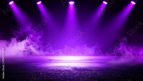 A dark empty street, dark purple background, an empty dark scene, neon light, spotlights. The asphalt floor and studio room with smoke float up the interior texture. night view.