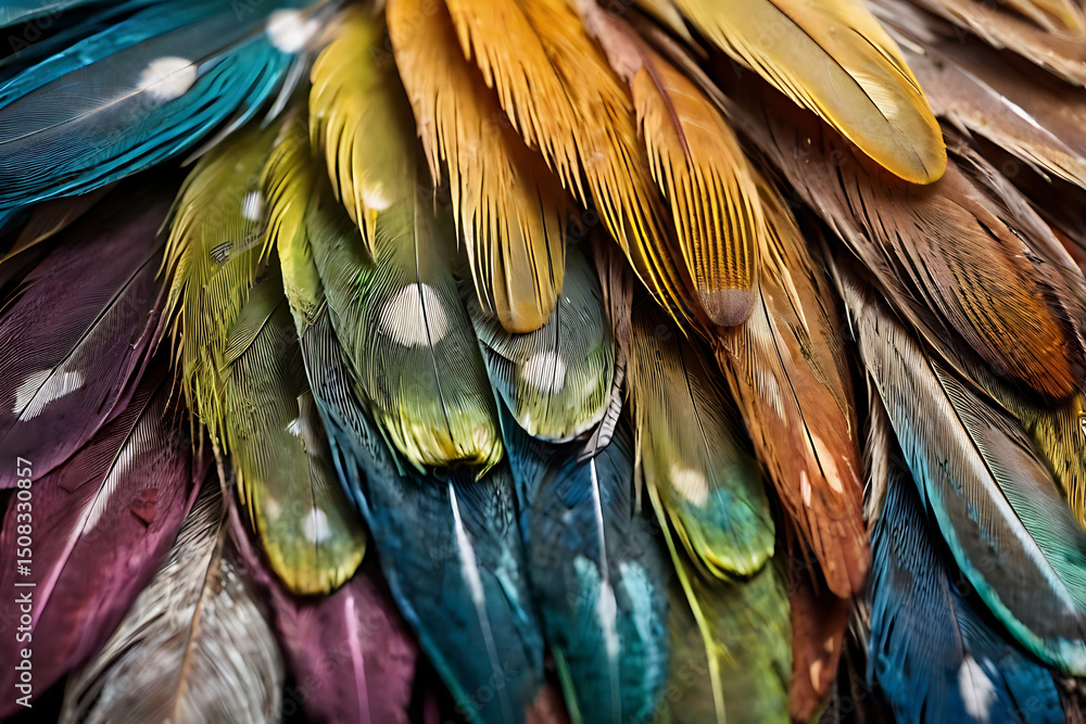 Obraz premium A macro shot of vibrant bird feathers, showcasing intricate barbs and iridescent hues in electric blue, emerald green, and fiery orange patterns. AI-generated