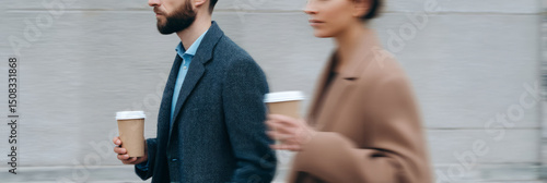 A blurred rush of urban coffee couture with Caucasian male and female, embracing International Coffee Day with stylish haste