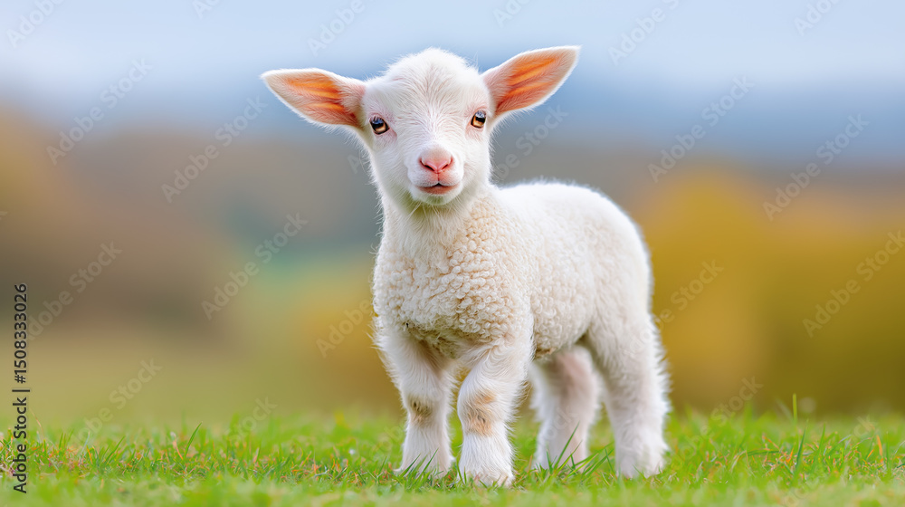 Young lamb playing in a lush green meadow during springtime Young lamb playing in a lush green meadow during springtime
