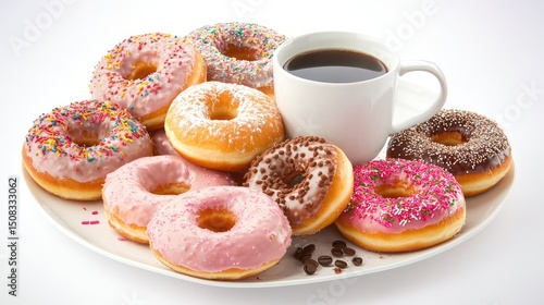 Assorted glazed donuts arranged with coffee mug on clean background, fresh and inviting