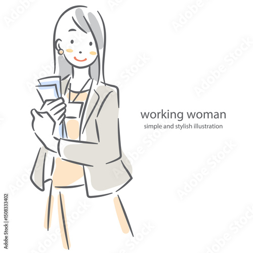 心身ともに健康に働く若い女性　手描き水彩風のお洒落な線画イラスト