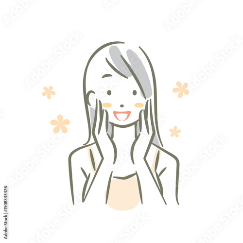 若い女性のスキンケア　手描き水彩風のお洒落な線画イラスト