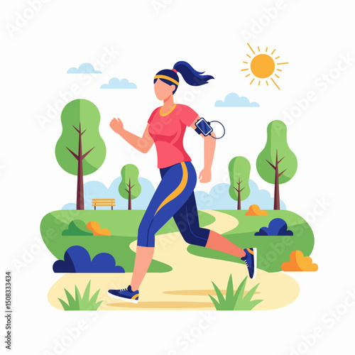 Adobe illustrator artwork vector illustration of a woman running in a park on a sunny day, promoting a healthy and active lifestyle