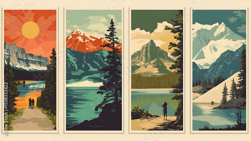 Four scenic mountain lake landscapes.