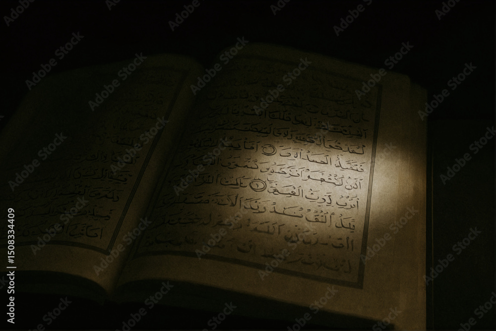 Fototapeta premium Beam of Light Illuminating Quranic Verses – Dramatic Islamic Concept Photo
