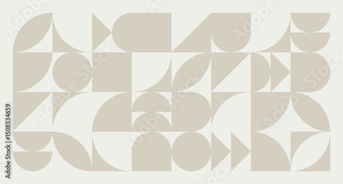 Minimalist geometric seamless pattern with abstract geometric shapes and forms in light brown on beige background. Ideal for modern design, wallpaper, cover or textile prints