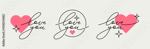 Love You lettering phrase set with heart and sparkles. Calligraphy design for postcards, reviews, inspiration and motivation message. Phrase design inspired by positive vibes