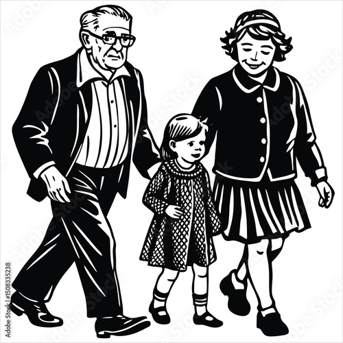 Grandparents with granddaughter.Vector illustration - black and white version.