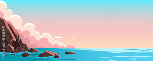 Rocks in the sea, seascape vector illustration. Sea rocks on sunset background. Stones in the sea. Ocean rocky shore landscape with beautiful blue water and pink clouds at sunset.