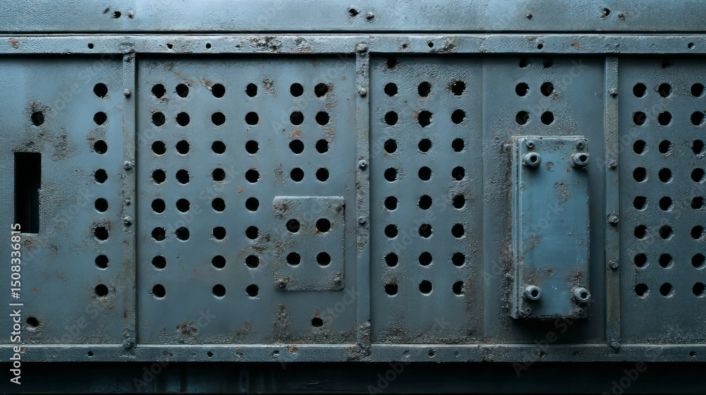 Fototapeta premium Rust-kissed perforated metal evokes steampunk nostalgia, industrial archaeology, and the curious allure of Soldering Day festivities
