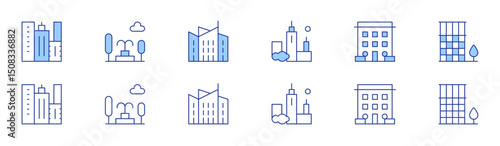 Urban icon set in two styles, Duotone and Thin Line style. Editable stroke. city, architecture and city, fountain, buildings, architecture, office block