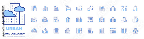 Urban icons collection. Line Duotone style, editable stroke. hospital, town hall, streetlight, office building, city, architecture and city, skyscraper