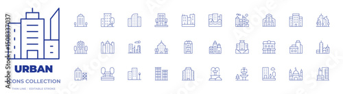 Urban icons collection. Thin Line icons, editable stroke. cityscape, town, buildings, skyscraper, fountain, building, city, office, duplex, construction