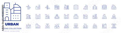 Urban icons collection. Thin Line icons, editable stroke. fountain, building, politics, skyscrapper, architectonic, town hall, cityscape, city, company, buildings, skyscraper, kibera, skyline