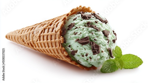 Indulge in a refreshing mint chocolate chip ice cream cone, perfect for summer days and sweet cravings.