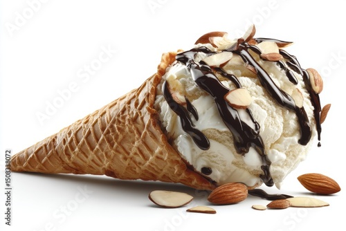 Indulge in a delicious ice cream cone topped with chocolate and almonds, perfect for summer days and sweet cravings.