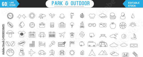 Park and Outdoor  Line Icon set  . Landscape, green, tree, bench, walking, relax, recreation, garden  . Editable stroke. Vector illustration