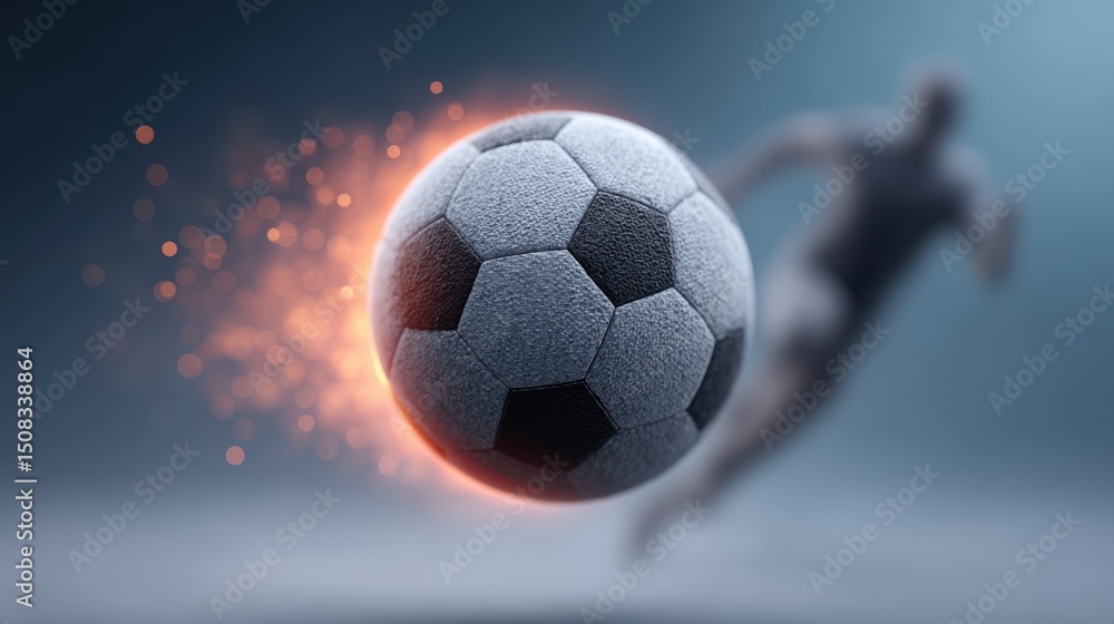 Obraz premium A football floating mid-air surrounded by glowing light, with a football player in the background kicking the ball. A professional football match. An image suitable for advertising