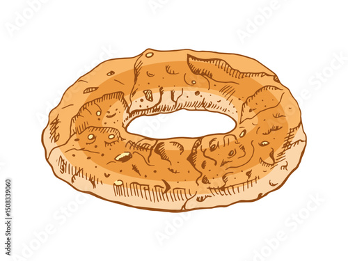 Hand drawn vintage sketch of traditional round bread ring with sesame seeds in brown ink, isolated vector illustration
