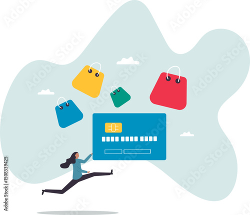 Consumerism, overspending or shopaholic causing credit card debt and poverty, shopping addiction spend more than your income,character for design.