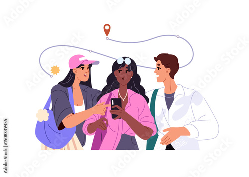 People look for direction in trip with phone. Friends search for path to destination with online map on smartphone. Concept of navigation with GPS in travel. Flat isolated vector illustration on white