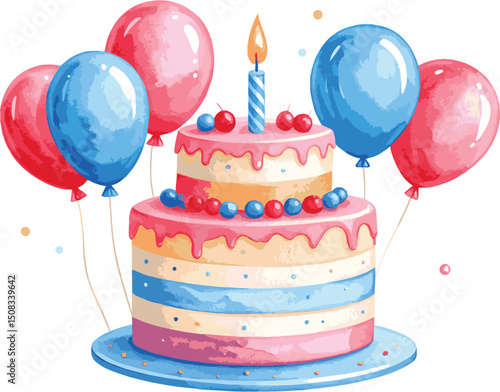 Watercolor birthday cake with candles, balloons, and colorful sprinkles for festive celebration, watercolor illustration