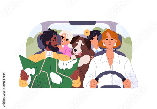 Happy family is in road trip. Parents and kids sits inside car, look for route with map. People with children travel, drive automobile, search for path. Flat isolated vector illustration on white