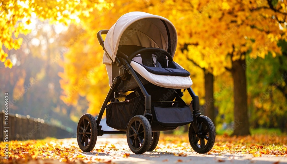 baby stroller in autumn park baby stroller in autumn park