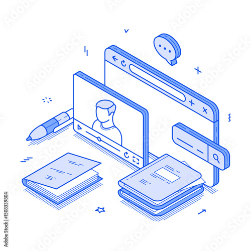 E learning online distance education video lesson webinar lecture minimalist isometric vector illustration. Remotely internet studying college school university course cyberspace digital technology