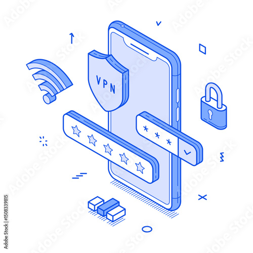 VPN network security smartphone application user privacy minimalist isometric vector illustration. Mobile phone app internet identification online connection antispam antivirus software access