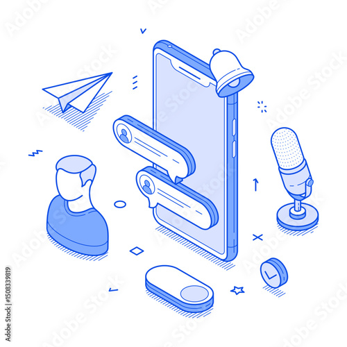 Social media content user online message chatting smartphone application minimalist isometric vector illustration. Mobile phone app internet communication network web cyberspace conversation messenger