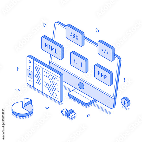 Programming coding testing computer software script development minimalist isometric vector illustration. Program code information technology cyberspace engineering digital network optimization