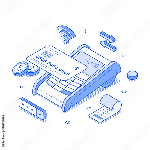 Shopping card payment POS terminal cashless financial transaction minimalist isometric vector illustration. Shop store market supermarket finance e money transfer commercial retail digital technology