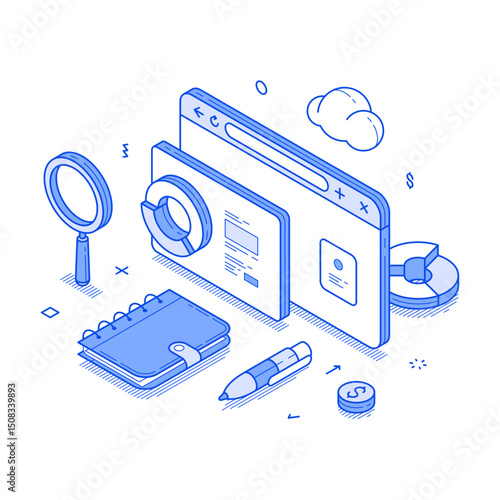 Business analyzing information statistic internet browser technology minimalist isometric vector illustration. Analytics and monitoring brainstorming diagram management marketing optimization