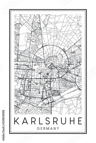 Hand drawn printable downtown road map poster of the German city of KARLSRUHE on solid white background with city name