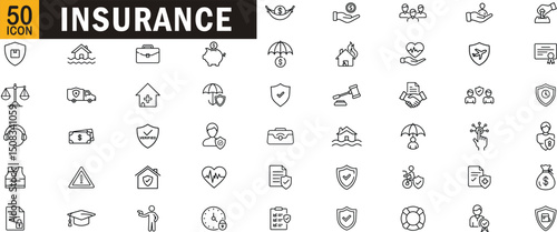 Insurance editable outline icon set. Life, health, vehicle, home, and financial protection concepts.