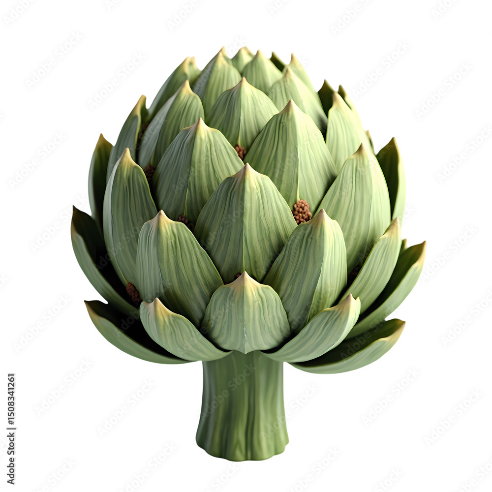 Obraz premium A close up of a single artichoke with a green stem and many layers of leaves against black background isolated on transparent background