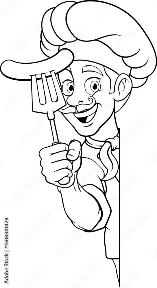 A chef cartoon barbecue cook man giving a thumbs up and holding a hotdog or grilled sausage a BBQ or cooking fork and peeking around sign or menu, mascot character illustration A chef cartoon barbecue cook man giving a thumbs up and holding a hotdog or grilled sausage a BBQ or cooking fork and peeking around sign or menu, mascot character illustration