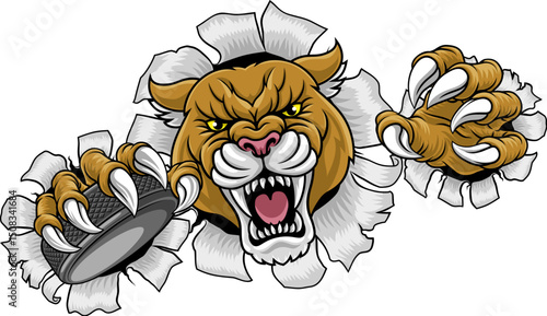 Cougar, panther, mountain lion or puma wildcat cat ice hockey sports mascot holding a hockey puck