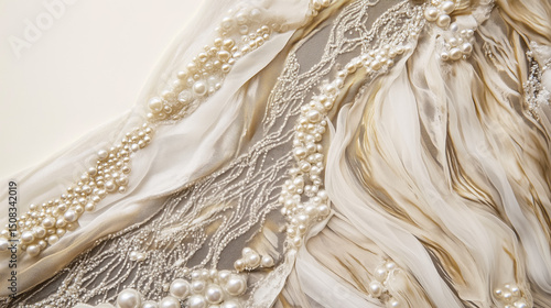 Elegant fabric with intricate lace and pearl details, perfect for bridal or formal designs.