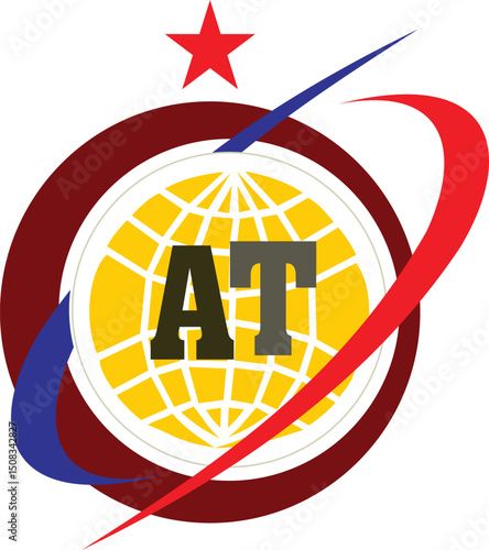 AT Logo | Globe with Orbital Lines & Red Star Emblem