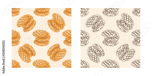 Hand drawn vintage seamless pattern of stacked flatbreads or homemade cookies in engraving style, color and monochrome versions on beige background