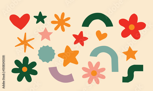 Groovy retro shapes. Abstract 70s 80s pop art style abstract figures, funky geometric hippie elements, Y2K retro badges for poster logo design. Vector