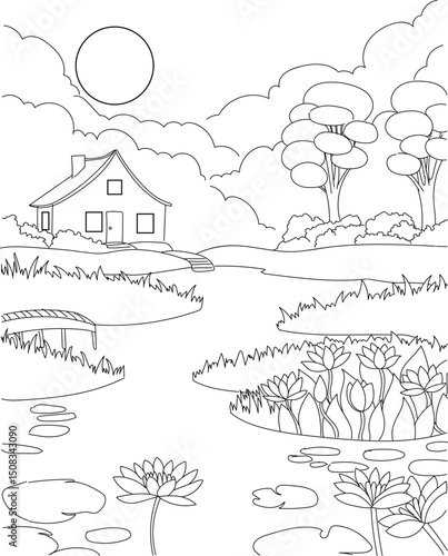 Line Art Illustration of Charming Countryside House with Lily-filled Pond and Sunny Skyline. Coloring Pages for Kid and Adult