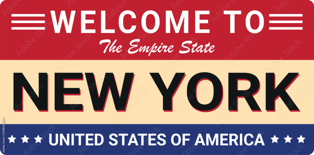 Fototapeta premium welcome to new york sign in red, beige and blue with bold text used for travel, tourism or souvenir design 